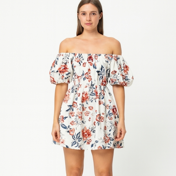 Lucky Brand Dresses & Skirts - LUCKY BRAND Floral Off Shoulder Mini Dress Puff Sleeve‎ Lined Boho Chic Medium